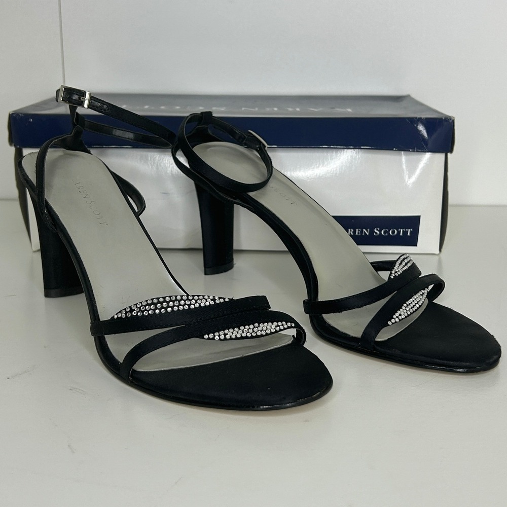Karen Scott Womens Strappy Heels Black Satin Rhinestone Ankle Strap Size 7.5M